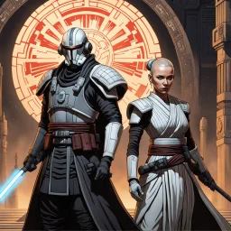 a bold and heroic bald male Corellian pilot in black and grey First Order special forces gear meets a female Jedi Master in ancient, mystical temple, hyperdetailed, dynamic lighting, hyperdetailed background, 8k resolution, volumetric lighting, light skin, fully symmetric details