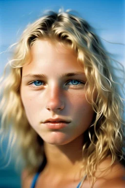 portrait of a 18 year old Californian surfer woman, sporty, blond, short wavy hair, water blue eyes, wearing a bikini