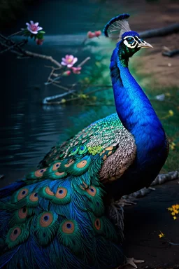 Create a picture of a strange colorful peacock standing near its twigs of branches and flowers lying on the river bank, decorated with flowers, highly detailed, maximalist, dreamy setting, high fine defined details, sharp, high resolution HDR 8x Modifiers: crisp quality Joris Hoefnagel Antonis Fylladitis velvety Lawrence alma tadema