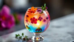 A cocktail served in a clear, spherical glass, filled with layers of colorful, translucent liquids and garnished with edible flowers and fresh herbs. The drink emits a gentle, glowing light from within. Award-winning photograph, beautiful composition, exquisite detail and illumination