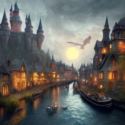 A magical gothic little town of witches with a castle and canals Nick Harris style