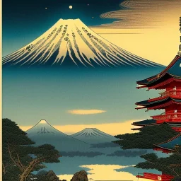 Ukiyo-e Style , mount fuji, sun set