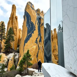 Un'immagine di un paesaggio naturale con marmi gialli e blu scuro, imponenti e altissimi, accanto a strutture artificiali e alberi. Queste strutture sembrano blocchi rettangolari riflettenti, come colonne di vetro, che creano un contrasto tra il naturale e l'artificiale. Persona osserva. bianco con venature e solchi. La scena trasmette un senso di sospensione e dialogo. Dettagli degli specchi e delle rocce molto accentuati