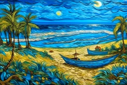 A blue beach near a farmland designed in Mexican folk art painted by Vincent van Gogh
