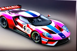 a true-to-life 2016 ford gt race car, pen and color marker, centered, intricate, extreme detailed, photorealism, center view, racetrack background, pivot on ford, painting by cheryl kelley