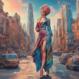 Hermoso dibujo coloreado de mujer, obra de arte, calidad ultra, maximalista, full body, 12k 3D, fondo de ciudad