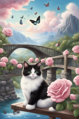 in the center: 7 beautiful fat fluffy black and white cats with green eyes sitting on a bridge, under the brigde flows a small blue river; background: landscape with dramatic mountains and white clouds, butterflys flying in the sky; first plan: pink roses;