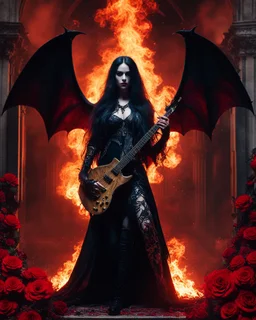 The Guitarist bat vampire,Full a length image Body fire flames Horror cinematography realistic Full body,creepy Vampire ghost woman long hair straddle up bat wings as an guitarist she on playing guitar electric heavy metal style,she standing on creepy,in night mystery burning palace vampire,red roses flowers and bats sorrounded background,dramatic angle, trypophobia