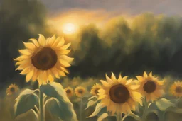 a loose painting of a sunflower field with a bright ray of sunlight hitting one of the flowers, trees around, warm, dreamy, magical ambience, traditional painting