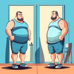 Create a picture for me of a fat man in the gym standing in front of the mirror. He has no muscles and sees his body in the mirror. The one in front of him is thin and has muscles.