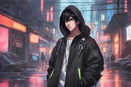 Anime gamer boy who has an amazing set up wearing hoodie, black hair, black eyes, modern Chinese city, 1 black and white husky dog on leash, beautiful hands, white sneakers, in 8k anime cgi drawing style, neon effect, close picture, rain, highly detailed, high details, detailed portrait, masterpiece, ultra detailed, ultra quality, large tv, neon lights