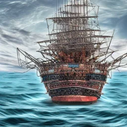 Beautiful pirate ship in the ocean in the style of Abstract Expressionism, complex, incomprehensible, 3D, voluminous, symmetrical, artistic, 4K, 8K