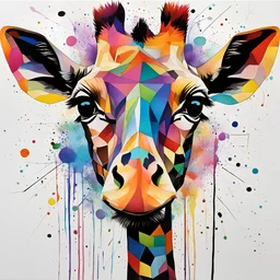 A colorful, abstract and minimal painting of a giraffe face. The giraffe has large eyes, a rainbow patchwork fur, with black outline details giving a scribbled effect. the image is in the middle of a white canvas. The background should be clean and mostly white, with subtle geometric shapes and thin, straight lines that intersect with dotted nodes. The style is expressive and textured, reminiscent of outsider art.