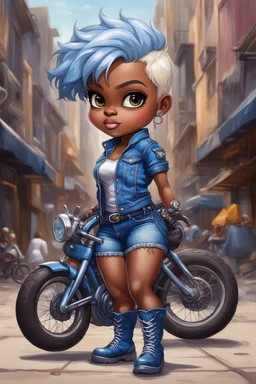 create an expressive oil painting illustration of a chibi cartoon voluptuous black female wearing a blue jean outfit with biker boots. Prominent make up with hazel eyes. Extremely highly detail of a very low platinum blonde pixie haircut. Background of a bike show.