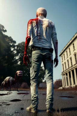 Ultra realistic image, joe biden zombie, zombie performance, blood, torn arm, night, walking twisted, waist up view, walking dead style, dark ambient, highly detailed, White House background, concept art, unreal engine 5, god rays, ray tracing, RTX, lumen lighting, ultra detail, volumetric lighting, 3d, finely drawn, high definition, high resolution.