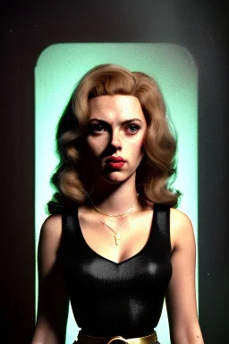 retro portrait image from 1960, supermarket parking explosion, long hair, young Scarlett Johansson, classic black tight lycra suit, gold bracelet and belt, high heel boots, soft color, highly detailed, unreal engine 5, ray tracing, RTX, lumen lighting, ultra detail, volumetric lighting, 3d, finely drawn, high definition, high resolution.