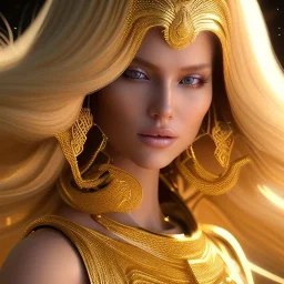 beautiful cosmic golden woman, long blond hair, nice smiling, magic glamour make up, delicate colors, beautiful glamour galactic golden dress, ultra sharp focus, 8k, unreal engine 5, extremely sharp detail, light effect, soft light atmosphere of a spaceship, smooth, full of details, face in front, complete vision of body