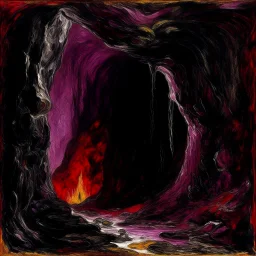 A dark purple lava flows in underground painted by Claude Monet