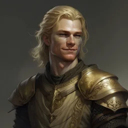 fantasy handdrawn detailed, male in mid thirties, 190cm in hight, in light armor, dark blonde slicked-back, gentle but dumb smile, really kindhearted