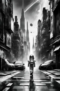 picture from a black and white grayscale cityscape. In the middle a color step transition 3d figure of a little girl walking in irridescent space suit on the street, contrast between her and the black and white scape space, enhancing the contrast between her and city , ultra quality, high digital illustration, cinematic, masterpiece, dystopian atmosphere, stunning