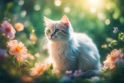 diaphanous colorful transparent light cat with glowing center on green leaves and flowers, ethereal, otherwordly, cinematic postprocessing, bokeh, dof