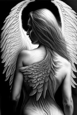 woman angel from back ultra realistic drawing