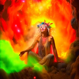 italian master painting, samantha fox hippie pixie hovering in the underground grove sparkling light confetti, in the style of dali, 8k, down-light, soft light, depth of field, photo realism, trending on art station, high detail, smoke and fog