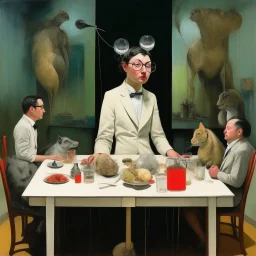 UN conference.a cat and human flesh-like surgical instruments and universe-like a pigeon and neuralink, surrealism,minimalism,Painting By Adrian Ghenie, Rene Magritte, Salvador Dali, Lucian Freud