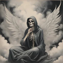 women sitting forward Her face turned upwards and blows cigarette smoke from their mouth. It depicts a figure with wings emerging from its back. a hooded skeleton can be seen behind the clouds of smoke.