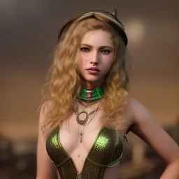 portrait of a teenager girl with curly blonde hair and green eyes,steampunk style,8k quality,full body shot, masterpiece, best quality,sparkling eyes, fluorescent skin, colorful makeup, highly detailed body,sun light, 4K, RAW, depth of field, high contrast, realistic details, 24mm