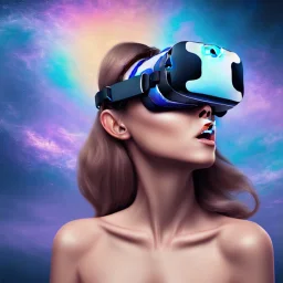 Woman with a VR headset running in futuristic Edimburgh on chrome water and rainbow sky