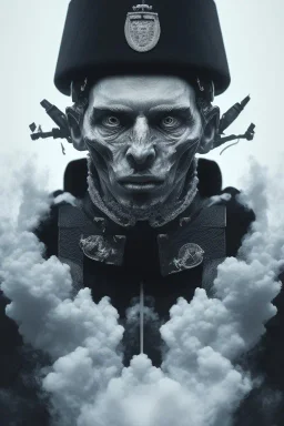 All black German soldier, head made out of white smoke, dark, rage, sorrow, high definition, ultra 8 k, volumetric lighting, blue fire, fog