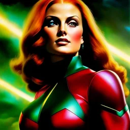 portrait oil on canvas, beautiful busty Jean Grey,green eyes, ,minimal armor,comic book cover, mystical colors,insanely detailed,realistic,intrincate detail, 16k resolution, masterpiece,Frank Frazetta,Alex Horley, Simon Bisley