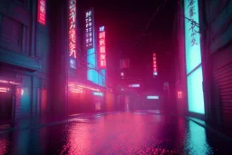 cinematic, night, Tokyo, dark, Rain, high definition, blue neon lights, blender 3d