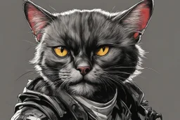 create a wild caricature of a grizzled streetwise cyberpunk female mercenary Black cat, highly detailed with refined feline features in the cartoon caricature style of Gerald Scarfe and Ralph Steadman precisely drawn, boldly inked, vividly colored, 4k