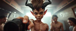 nephilim ai meat grinder camera meetup selfie smart transcendent innocent little devil with big hairdo and no horns pointing at camera