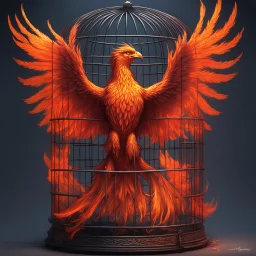 Mythical phoenix pet in a bird cage, fiery wings, by Michael Whelan and Gary Gygax, stunning ink illustration, majestic creature, 3d octane render, by Arthur Secunda, smooth, focused