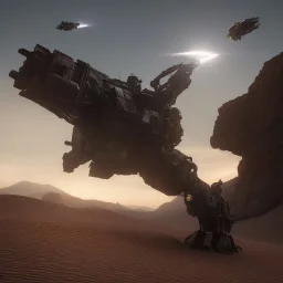 Armored Core machine robot fights another Armored Core fly in the sky in the desert with the ocean where you can see the space in the sky with the twilight on the horizon, 4k resolution