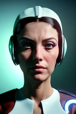 Ultra Realistic retro sci-fi scene, portrait, brunette woman, sweet Monica Belucci face, perfect iris, glow eyes, makeup. Alien Saturn background, Retro sci-fi style, helmet, tight latex coat, fog, rain, soft color, highly detailed, unreal engine 5, ray tracing, RTX, lumen lighting, ultra detail, volumetric lighting, 3d, finely drawn, high definition, high resolution.