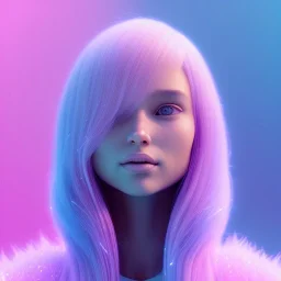 A portrait of a crystalised girl,smiling, longs hairs, atmospheric, realistic,, cinematic lighting, octane render,, pink turquoise light