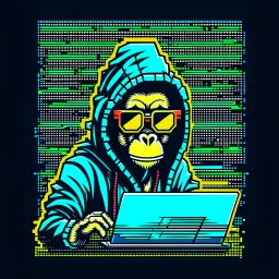 A grinning Monkey sitting in front of a laptop, hacking systems, wearing a hoodie and sunglasses. Matrix in background. Pixel Art. Profile Picture. Avatar. Pixel