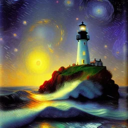 Fantasy, light house, Rocks, lighting, surreal, waves crashing below, 8k, sunset, sketch by Van Gogh in oil