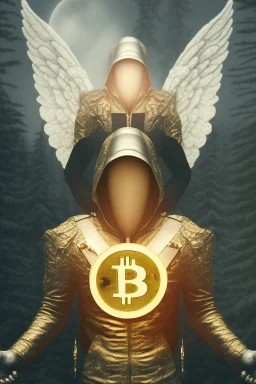 running berserker portrait , no face, black jogging suite , in the night Alps , holding bitcoin , angels background, volumetric gold light, high detail, dark leaf tree, dark mountains in background, perfect