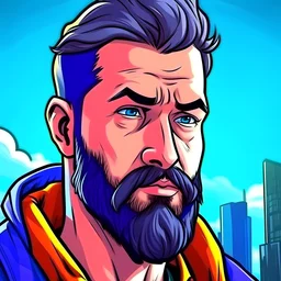 comic book realistic man with beard character closeup city background