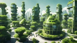 greenery architectural buildings in solar punk city