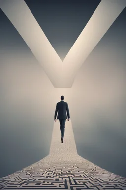 Illustration of man walking on Penrose triangle, surreal concept