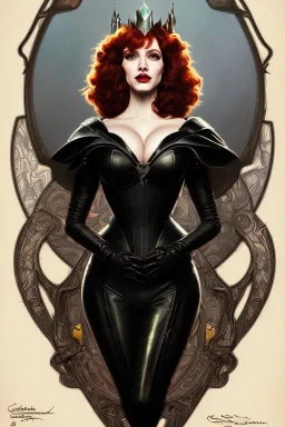 painting of christina hendricks as evil queen in black leather, feminie, angry, volouptous, busty, cleavage, emperious, mature, highly detailed, digital painting, artstation, concept art, smooth, sharp focus, illustration, art by gaston bussiere and alphonse mucha