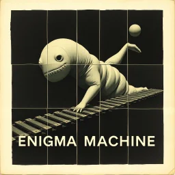 modernist surreal image, album art text "ENIGMA MACHINE", gnarly scrapbook composition, grainy photography, faded colors, dark negative space, TEXT "ENIGMA MACHINE", nihilistic, segmented separated anthropomorphic sinister marshmallow fatty slug conveyor dystopia, meandering offset coherence across multiple oblong panels, minimalism, foreboding, post-humanist fanaticism