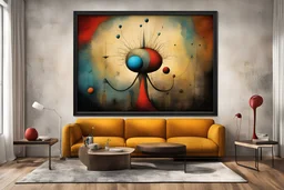 Style by Gabriel Pacheco and Joan Miro and Zdzislaw Beksinski, a framed picture of a colorful weird surrealism in a spartan Bauhaus living room, masterpiece, strange inconsistencies and banal absurdities, smooth, neo surrealism,