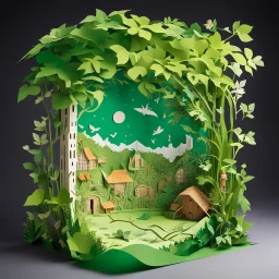 a magical pop-up book, its pages filled with wonders untold. And within its enchanted confines, the timeless tale of Jack and the Beanstalk unfolds. But hold on tight, for this rendition will take you to new heights, quite literally. As you open the pop-up book, the paper springs to life, forming lush green lianas that stretch towards the sky. vines pop-out of the pop-up book, ascending higher and higher, clinging to the sky.